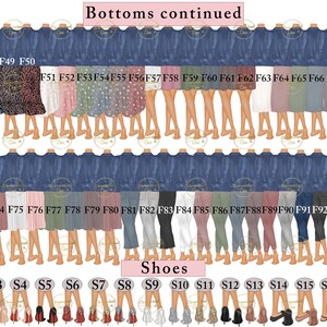 Puede incluir: Un conjunto de 96 prendas de vestir diferentes para un avatar digital. Las prendas incluyen una variedad de pantalones, como faldas, pantalones y pantalones cortos, y zapatos. Los art&iacute;culos est&aacute;n etiquetados con n&uacute;meros y letras.