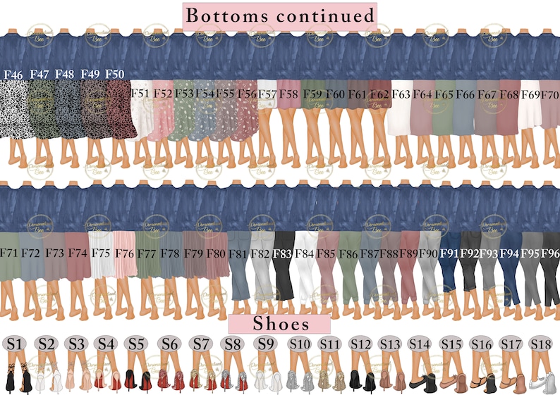 Puede incluir: Un conjunto de 96 prendas de vestir diferentes para un avatar digital. Las prendas incluyen una variedad de pantalones, como faldas, pantalones y pantalones cortos, y zapatos. Los art&iacute;culos est&aacute;n etiquetados con n&uacute;meros y letras.