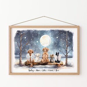Könnte beinhalten: Aquarelldruck von fünf Hunden, die auf einer Holzbank sitzen, unter einem Vollmond in einer verschneiten Landschaft. Zwei Hunde haben Engelsflügel. Die Namen Bailey, Max, Loki, Oscar und Rex sind unten geschrieben.