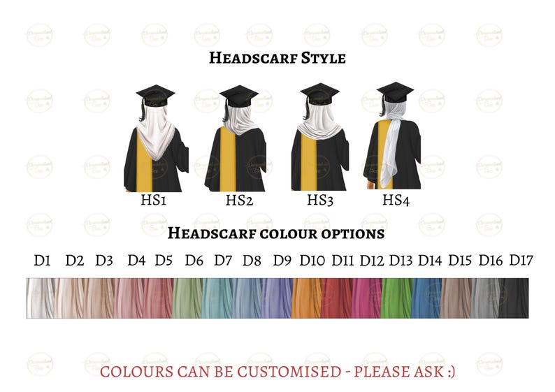 May include: Image showing graduation attire options, including black gowns with gold accents and mortarboards. The image displays various headscarf styles and a palette of customizable colours. Text reads: HEADSCARF STYLE, HEADSCARF COLOUR OPTIONS.