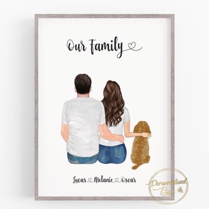 Personalised Family Dog Print, Couple Dog Print, Couple and Pet, Couple illustration, Custom Portrait, Anniversary Gift, Personalised Decor image 2