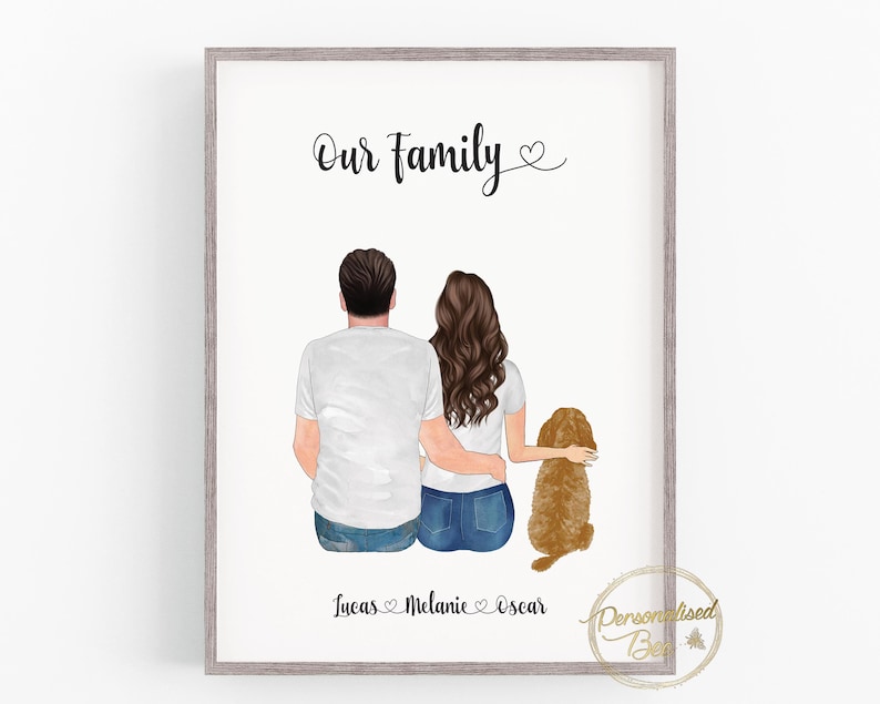 Personalised Family Dog Print, Couple Dog Print, Couple and Pet, Couple illustration, Custom Portrait, Anniversary Gift, Personalised Decor image 2