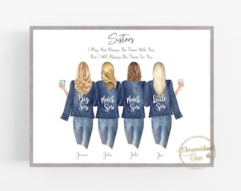 Personalised Gift for Sister, 4 Sisters, Big Sis,Middle Sis, Little Sis,Siblings Family Keepsake Print,Birthday,Letterbox Present,Customise