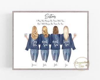 Personalised Gift for Sister, 4 Sisters, Big Sis,Middle Sis, Little Sis,Siblings Family Keepsake Print,Birthday,Letterbox Present,Customise