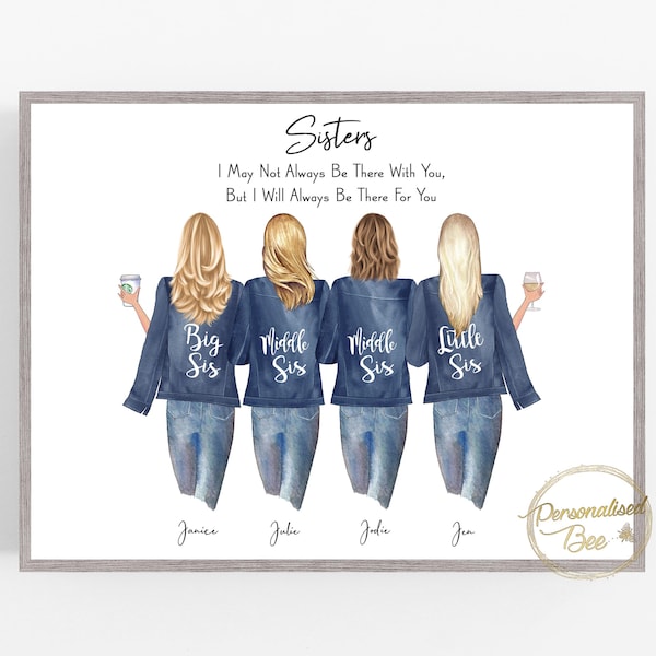 Personalised Gift for Sister, 4 Sisters, Big Sis,Middle Sis, Little Sis,Siblings Family Keepsake Print,Birthday,Letterbox Present,Customise