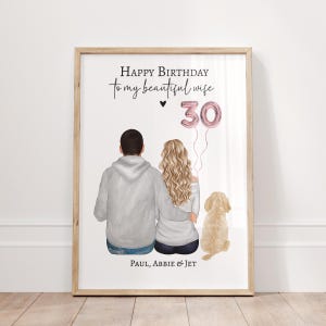 Regalo de cumpleaños personalizado para esposa, retrato personalizado de pareja con perro, 30.° cumpleaños, 40.° cumpleaños, globos para cualquier edad, impresión de nuestra familia