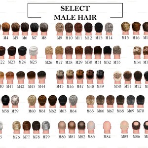 May include: A chart of 89 different male hair styles, numbered M1 through M89. The hair styles are shown from the back of the head.