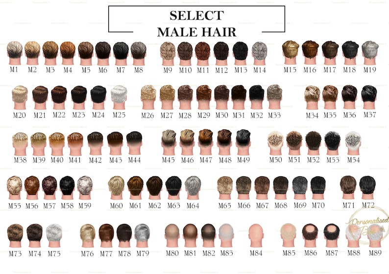 May include: A chart of 89 different male hair styles, numbered M1 through M89. The hair styles are shown from the back of the head.