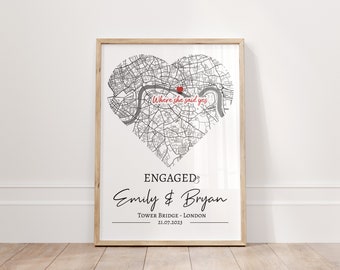 Personalised Engagement Present, Engagement Map Print, Couples Gift, She Said Yes, Newly Engaged Gifts, Wedding Print, Unique Handmade Gift
