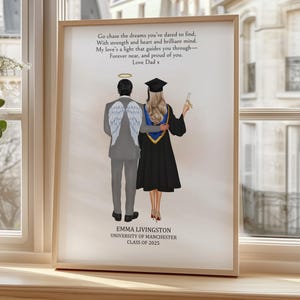 May include: A framed illustration of a graduate in a cap and gown with a haloed figure beside them. The text reads "Go chase the dreams you've dared to find, Wish strength and heart and brilliant mind. My love's a light that guides you through- Forever near, and proud of you. Love Dad x" and "EMMA LIVINGSTON UNIVERSITY OF MANCHESTER CLASS OF 2025".