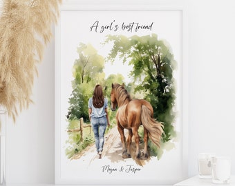 Personalised Girl and Horse Gift, Horse Gifts, Horse Portrait, Birthday, Christmas Gift for Daughter, Granddaughter, Horse Lover Wall Prints