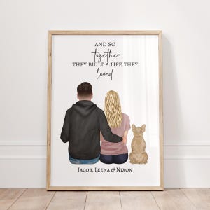 Personalised Couple with Dog Portrait, Our Family Print, Couples Gift, Christmas Gifts, Anniversary Gift, Gift for Husband Wife, Valentine&#39;s