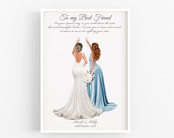 May include: A printable wedding card featuring an illustration of two women in wedding attire, one in a white dress and the other in a light blue dress, raising their glasses in a toast. The text reads "To my Best Friend On your special day, as you walk down the aisle the most beautiful Bride, I want you to know how much it means to me to be right by your side. Sarah & Libby 16th October 2023"