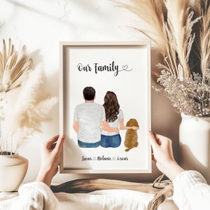 Personalised Family Dog Print, Couple Dog Print, Couple and Pet, Couple illustration, Custom Portrait, Anniversary Gift, Personalised Decor image 1