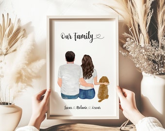 Personalised Family Dog Print, Couple Dog Print, Couple and Pet, Couple illustration, Custom Portrait, Anniversary Gift, Personalised Decor