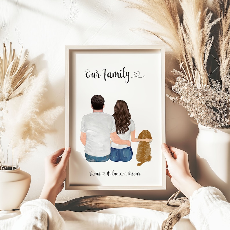 Personalised Family Dog Print, Couple Dog Print, Couple and Pet, Couple illustration, Custom Portrait, Anniversary Gift, Personalised Decor image 1