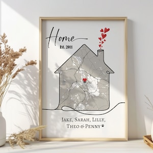 Novo presente para casa, mapa personalizado, impressão de mapa personalizado, presente de inauguração, primeira casa, presente de mudança, pôster personalizado, presentes para casa, arte de parede de rua