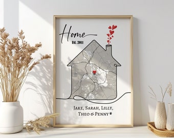 Novo presente para casa, mapa personalizado, impressão de mapa personalizado, presente de inauguração, primeira casa, presente de mudança, pôster personalizado, presentes para casa, arte de parede de rua