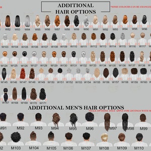 May include: A chart displaying a range of hairstyles for both men and women. The chart is labelled 'Additional Hair Options' and 'Additional Men's Hair Options'. Each hairstyle is numbered with a code.