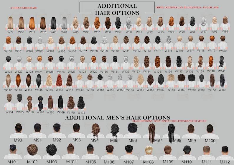 May include: A chart displaying a range of hairstyles for both men and women. The chart is labelled 'Additional Hair Options' and 'Additional Men's Hair Options'. Each hairstyle is numbered with a code.