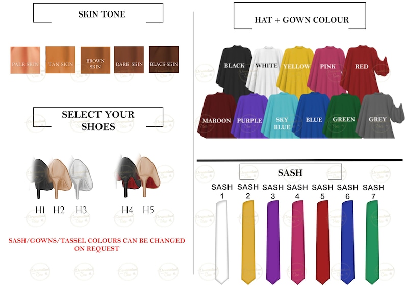 May include: Image showing customisation options. Features skin tone swatches, shoe styles, and a range of hat and gown colours. Also shows a variety of sash colours. Text on the image says "Select Your Shoes" and "Hat + Gown Colour".