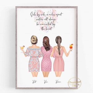3 Sisters Picture Gift, Personalised Sister gift, Personalised Keepsake,Birthday present for Sister,Little Sis, Big Sis,Middle Sis, Wall Art