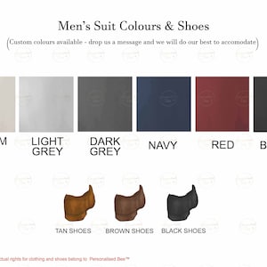 May include: A chart showing different suit colours and shoe colours. The suit colours are cream, light grey, dark grey, navy, red, and black. The shoe colours are tan, brown, and black.