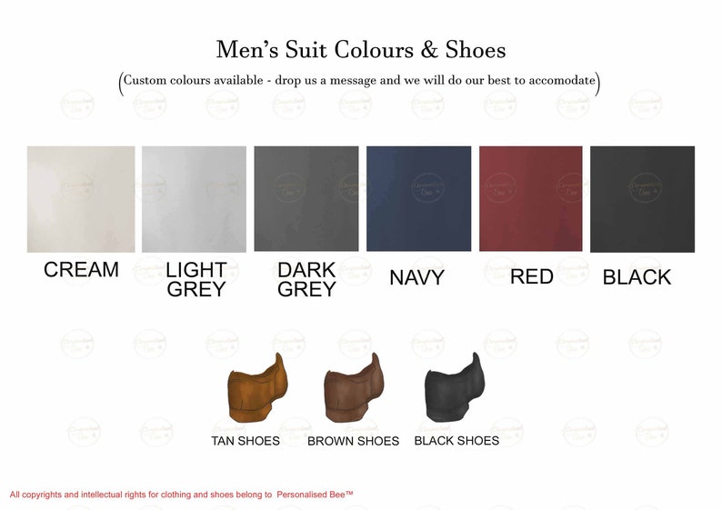 May include: A chart showing different suit colours and shoe colours. The suit colours are cream, light grey, dark grey, navy, red, and black. The shoe colours are tan, brown, and black.