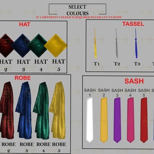 May include: A chart showing different colors for graduation attire, including hats, robes, sashes, and tassels. The colors include black, red, blue, green, yellow, white, gold, purple, pink, and teal.