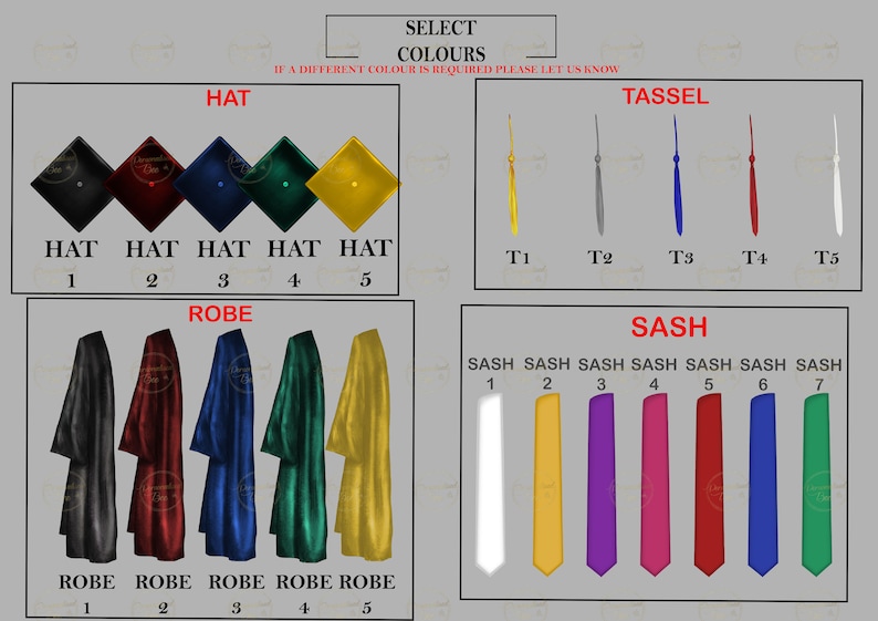 May include: A chart showing different colors for graduation attire, including hats, robes, sashes, and tassels. The colors include black, red, blue, green, yellow, white, gold, purple, pink, and teal.