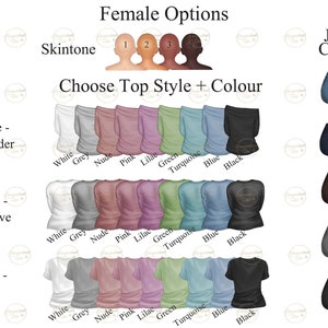 May include: A digital illustration of a customizable female avatar with options for skin tone, top style, top color, and jeans color. The top styles include off-the-shoulder, long sleeve, and t-shirt. The top colors include white, grey, nude, pink, lilac, green, turquoise, blue, and black. The jeans colors include light blue, blue, brown, grey, and black.