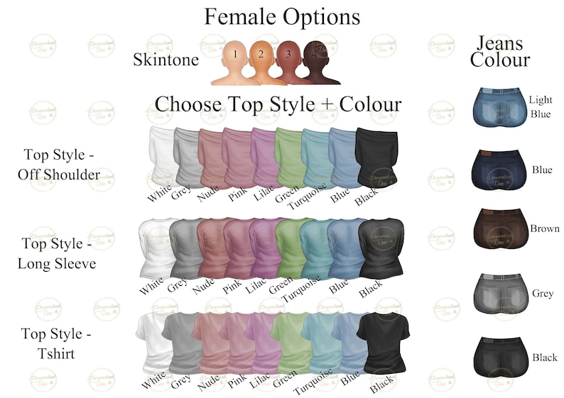 May include: A digital illustration of a customizable female avatar with options for skin tone, top style, top color, and jeans color. The top styles include off-the-shoulder, long sleeve, and t-shirt. The top colors include white, grey, nude, pink, lilac, green, turquoise, blue, and black. The jeans colors include light blue, blue, brown, grey, and black.