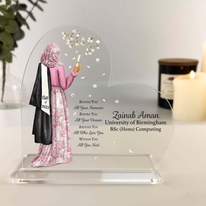 Personalised Muslim Graduation Print Heart Acrylic Plaque, Muslim Graduation Gift, Islamic Graduation Gift For Her, Floral Design