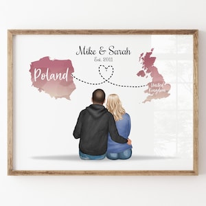 Cadeau pour couple personnalisé, Impression de portrait personnalisé, Cartes de deux pays, Cadeaux de déménagement, Cadeau interurbain, Cadeaux de Noël, Nouvelle maison, Fiançailles