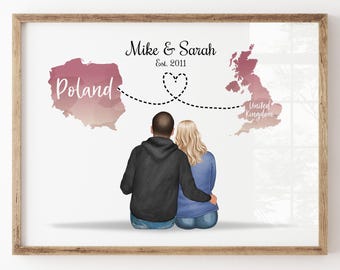 Personalised Couple Gift, Custom Portrait Print, Two Country Maps, Moving Gifts, Long Distance Gift, Christmas Gifts, New Home, Engagement