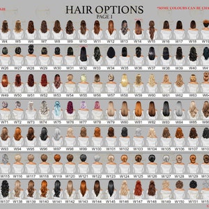 May include: A chart of 155 different hair styles for a customizable avatar. The hair styles are numbered with codes from W1 to W155. The text "Some colours can be changed - please ask" is at the top of the chart. The text "Hair Options Page 1" is at the top of the chart.