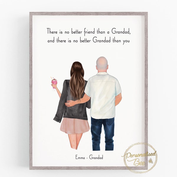 Fathers Day Gift, Personalised Grandad and Granddaughter Print, Grandad Grandchildren Family Portrait, People Drawing, Birthday Gift