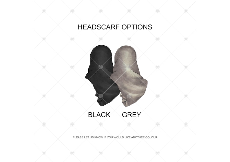 Puede incluir: Dos pa&ntilde;uelos para la cabeza, uno negro y otro gris, se muestran uno al lado del otro. El texto "HEADSCARF OPTIONS" est&aacute; por encima de los pa&ntilde;uelos, y las palabras "BLACK" y "GREY" est&aacute;n debajo de los pa&ntilde;uelos. El texto "PLEASE LET US KNOW IF YOU WOULD LIKE ANOTHER COLOUR" est&aacute; en la parte inferior de la imagen.