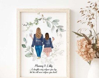 Mummy Gift, Mummy and Daughter Illustration Picture, Birthday Gift for Mum, Mothers Day Present, Gift for Mom, Gift from Child,Mum and Child