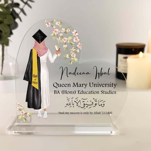 Regalos de graduación musulmana para ella, regalos islámicos, regalos de graduación de felicitaciones, marco de placa de corazón de acrílico floral con impresión de retrato personalizado