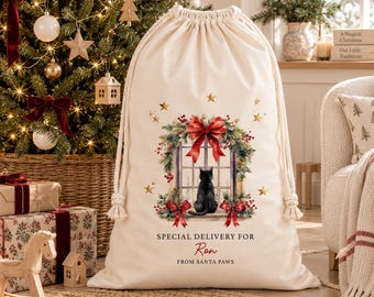 Personalised Cat Christmas Sack, Santa Paws Design, Festive Window Artwork