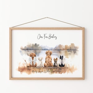 Peut inclure: Une peinture à l'aquarelle de cinq chiens assis sur un quai surplombant un lac. Les chiens sont de races et de couleurs différentes et ont des ailes d'ange. Le texte "Our Fur Babies" est en haut de la peinture et les noms "Marley, Jasper, Willow, Basil & Pepper" sont en bas.