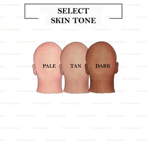 May include: Three bald heads in a row, from left to right, labelled "Pale", "Tan", and "Dark", to help select a skin tone.