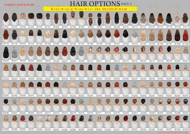 May include: A chart of 42 different hairstyles for women, with codes for each style. The hairstyles are shown from the back, with the woman's head and shoulders visible. The chart is titled "Hair Options Page 2" and includes the text "W161-W163 & W166-W171 ARE BRAIDED HAIR".
