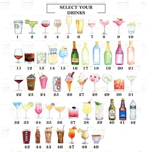 Puede incluir: Un gr&aacute;fico con 49 ilustraciones de acuarela de diferentes bebidas, incluyendo c&oacute;cteles, cerveza, vino, caf&eacute; y refrescos. Cada bebida est&aacute; numerada del 1 al 49.