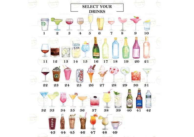 Puede incluir: Un gr&aacute;fico con 49 ilustraciones de acuarela de diferentes bebidas, incluyendo c&oacute;cteles, cerveza, vino, caf&eacute; y refrescos. Cada bebida est&aacute; numerada del 1 al 49.