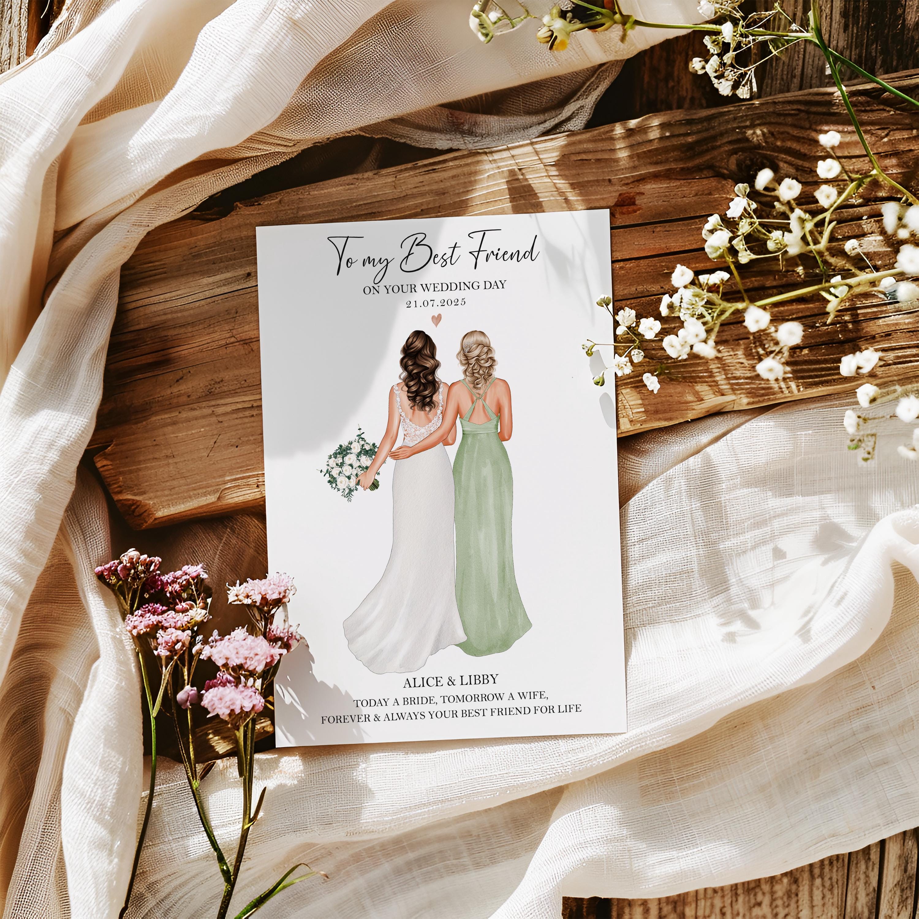 Gift for Best Friend on Her Wedding Day, Personalised Bride and Bridesmaid  Wedding Print, Mid of Honour, Bride to Be Keepsake, Bridal Party - Etsy, image size:3000x3000