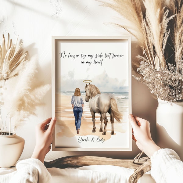 Horse Memorial Gift, Personalised Girl and Horse Gift, Horse Portrait, Pet Memorial, Horse Sympathy gifts, Equestrian Gifts Wall Art Prints