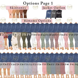 Puede incluir: P&aacute;gina de opciones para personalizar un avatar con diferentes tonos de piel, colores de chaqueta y pantalones. Las opciones de pantalones est&aacute;n etiquetadas de F1 a F45 y muestran una variedad de estilos, incluyendo faldas, pantalones y vestidos.
