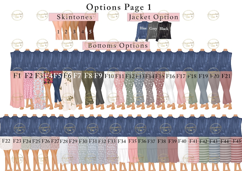 Puede incluir: P&aacute;gina de opciones para personalizar un avatar con diferentes tonos de piel, colores de chaqueta y pantalones. Las opciones de pantalones est&aacute;n etiquetadas de F1 a F45 y muestran una variedad de estilos, incluyendo faldas, pantalones y vestidos.